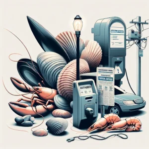 Illustration of shellfish, parking meter, and power outage notice