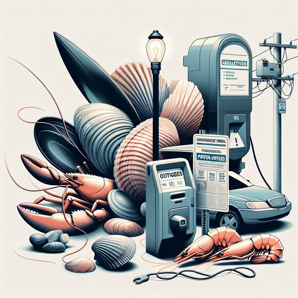 Illustration of shellfish, parking meter, and power outage notice