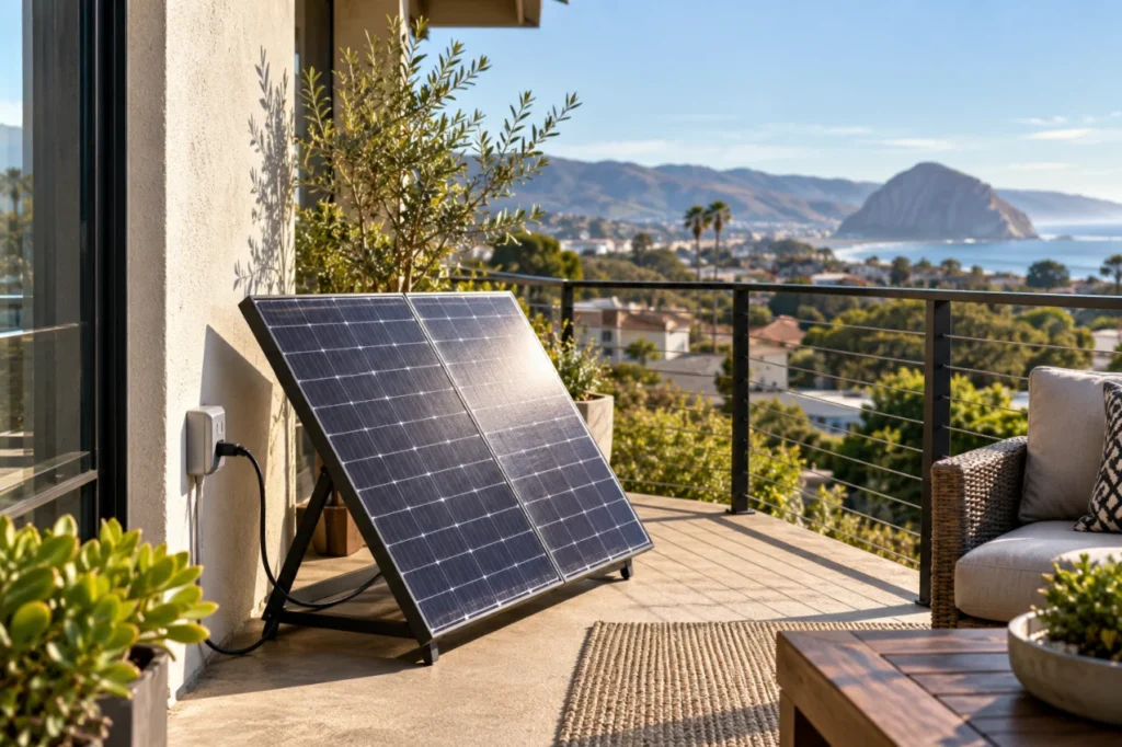 Solar panel installed on a balcony overlooking a coastal view